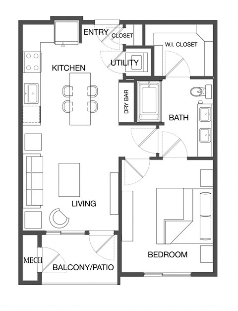 Floor plan for 1 bed, 1 bath, 745 sqft